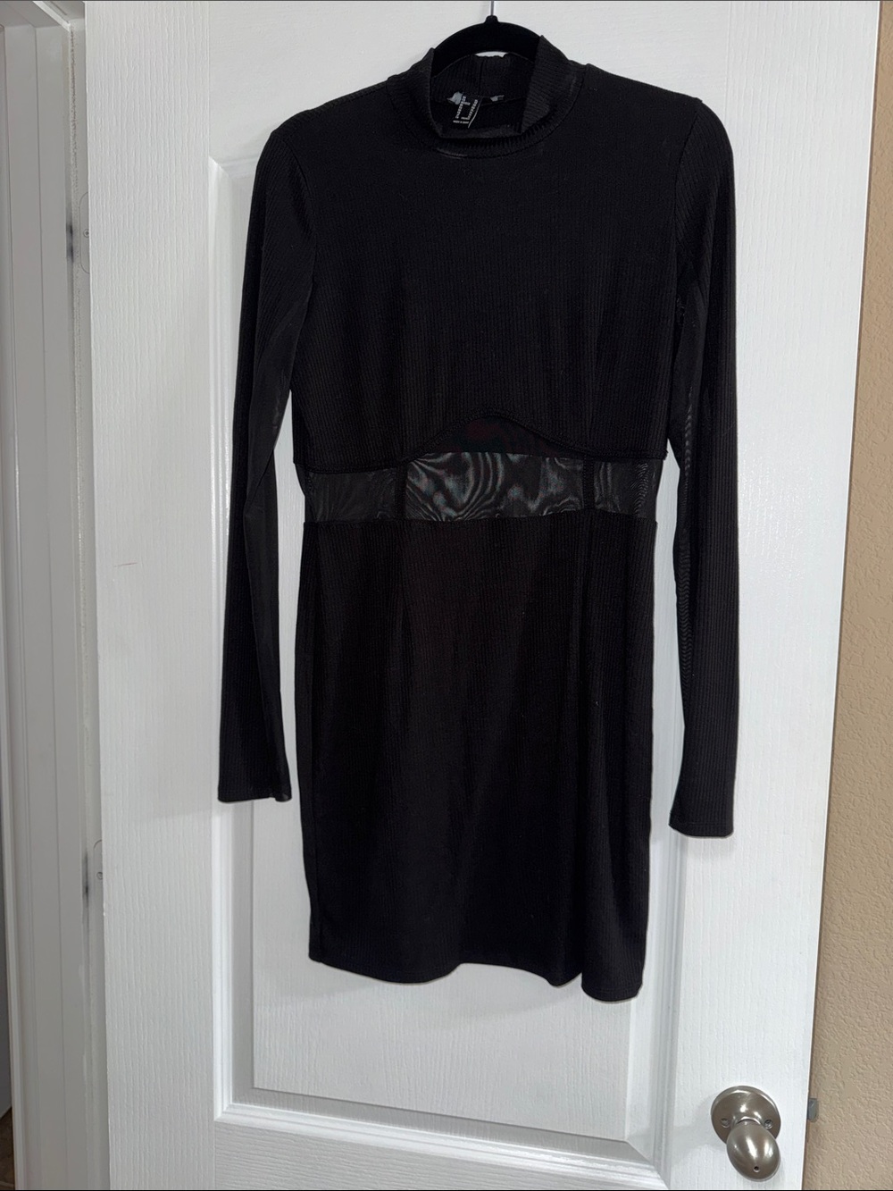 Forever 21 Black Long-Sleeve Mesh Waist Bodycon Dress mock neck